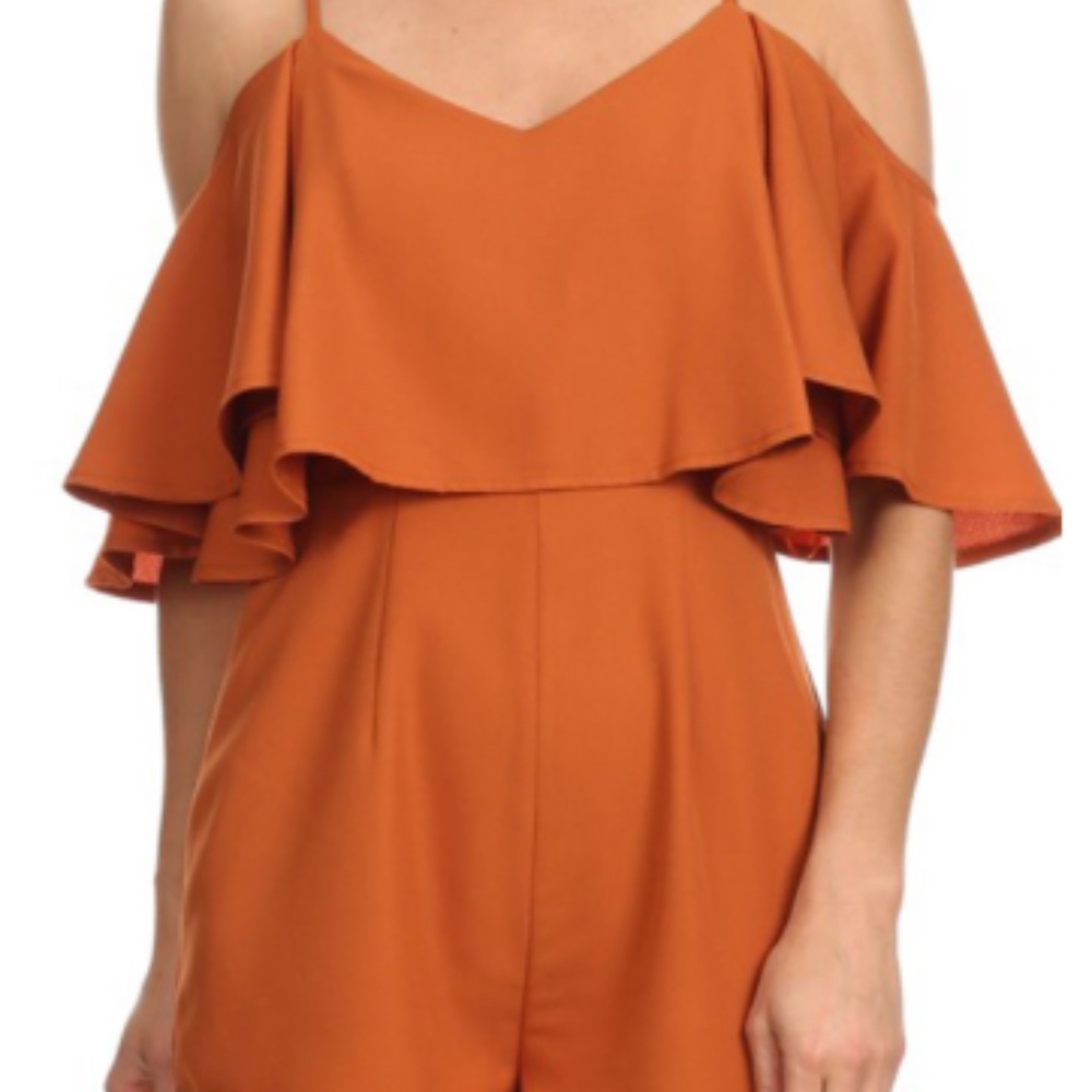Orange/Rust Off the Shoulder Ruffle Romper - Picture 4 of 4